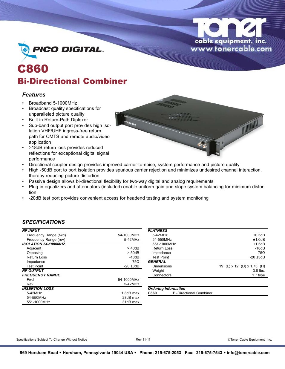 Toner Cable C860 Bi-Directional Combiner User Manual | 1 page