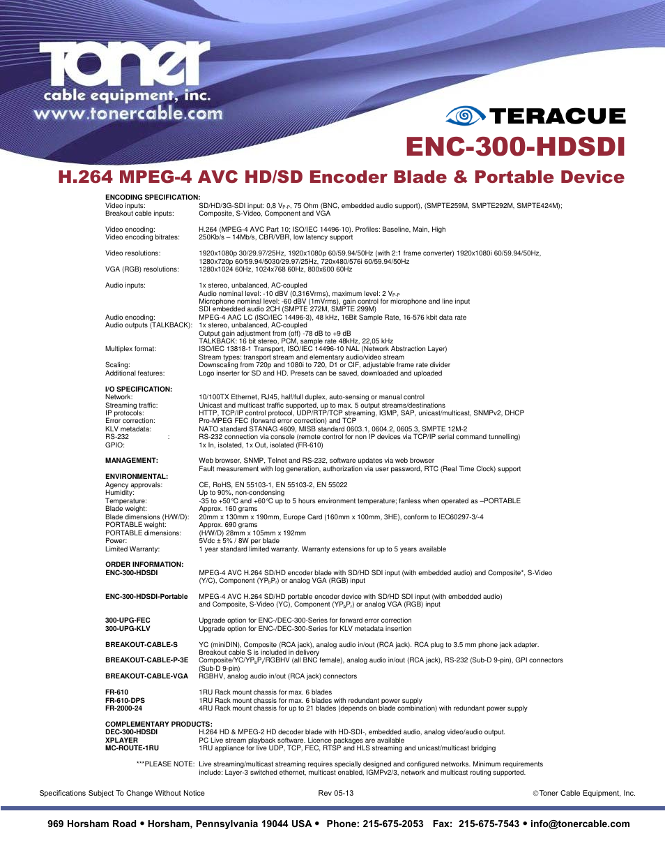 Enc-300-hdsdi, 969 horsham road | Toner Cable ENC-300-HDSDI H.264 MPEG-4 AVC HD-SD Encoder Blade & Portable Device User Manual | Page 2 / 2