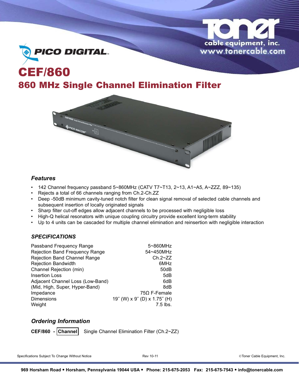 Toner Cable CEF-860 860 MHz Single Channel Elimination Filter User Manual | 1 page