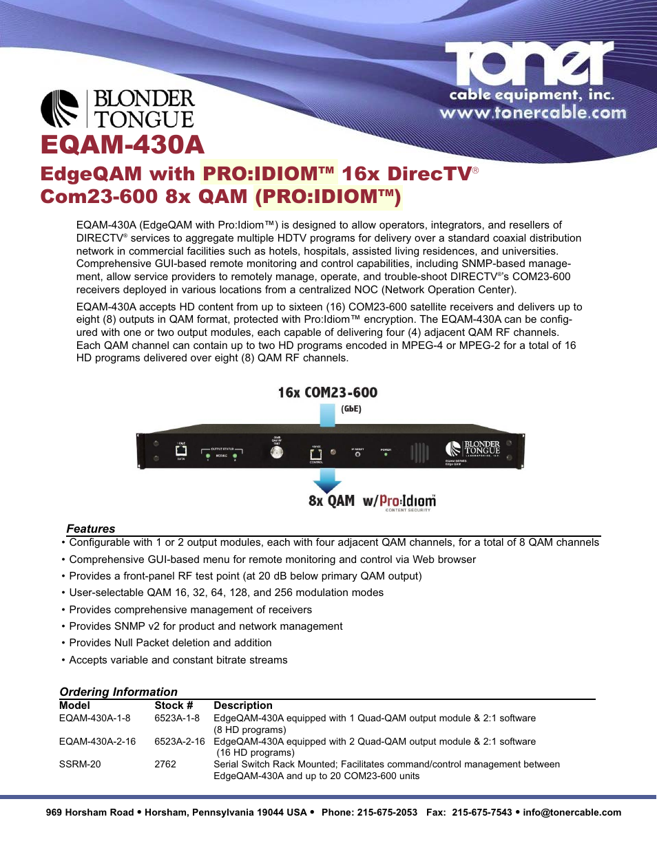 Toner Cable EQAM-430A EdgeQAM with PRO:IDIOM 16x DirecTV Com 23-600 8x QAM (PRO:IDIOM) User Manual | 2 pages