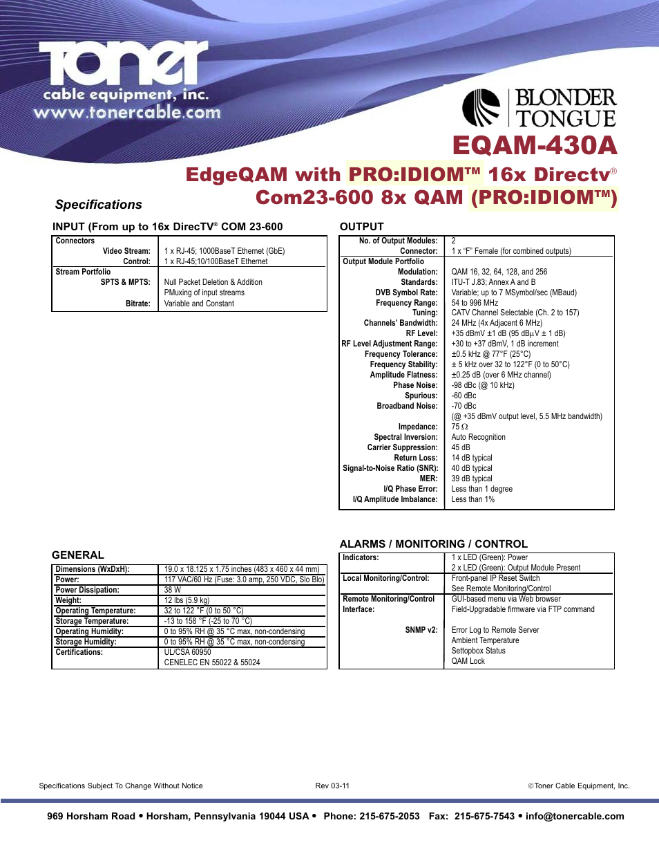 Eqam-430a, Edgeqam with pro:idiom, 16x directv | Specifications | Toner Cable EQAM-430A EdgeQAM with PRO:IDIOM 16x DirecTV Com 23-600 8x QAM (PRO:IDIOM) User Manual | Page 2 / 2