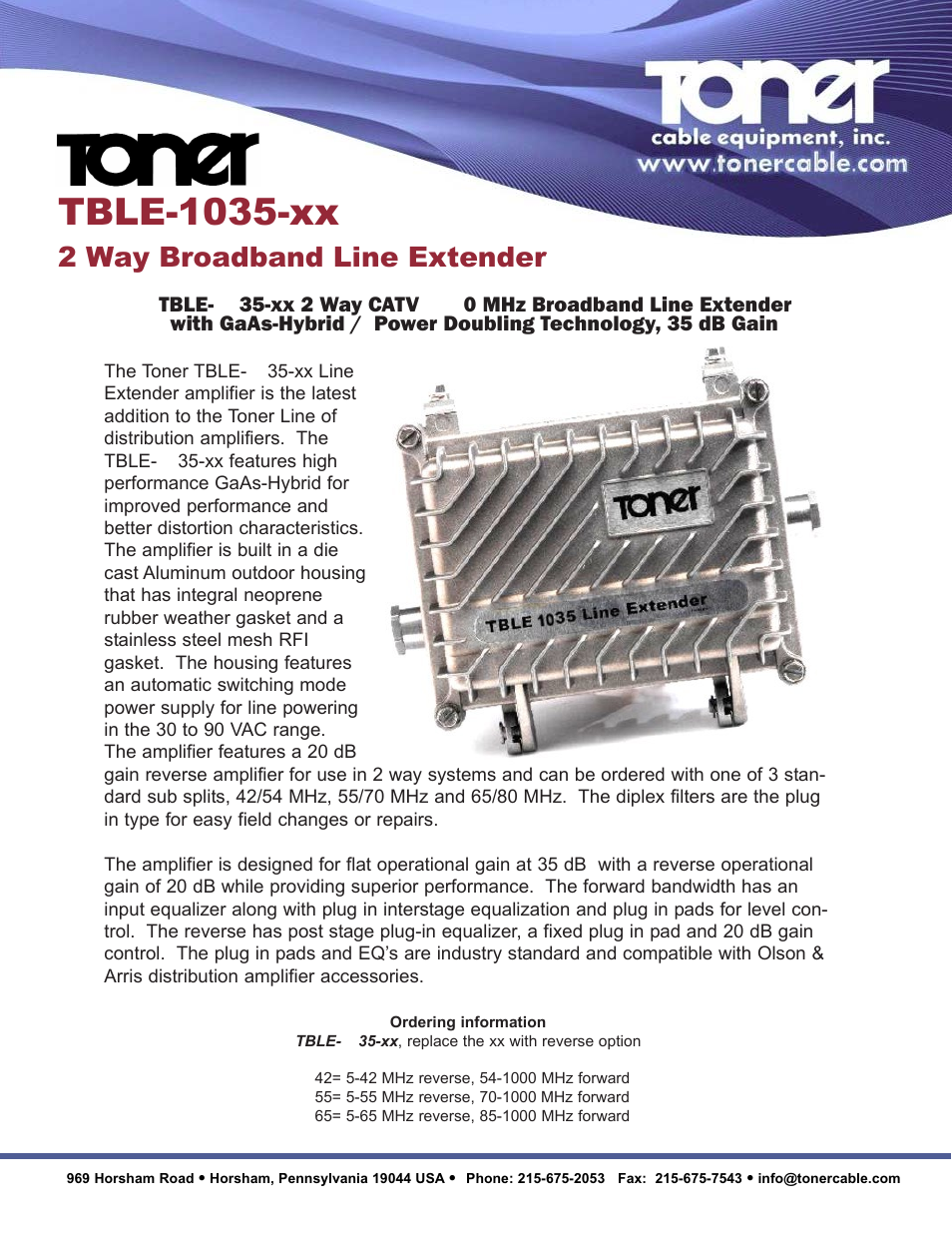 Toner Cable TBLE-1035-xx TBLE 2 Way Broadband Line Extender User Manual | 2 pages