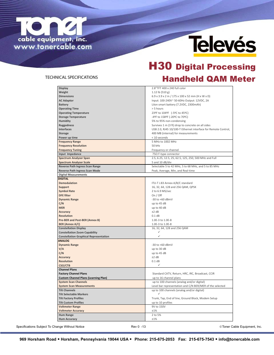 Digital processing handheld qam meter, Technical specifications, 969 horsham road | Toner Cable H30 Digital Processing Handheld QAM Meter User Manual | Page 2 / 2