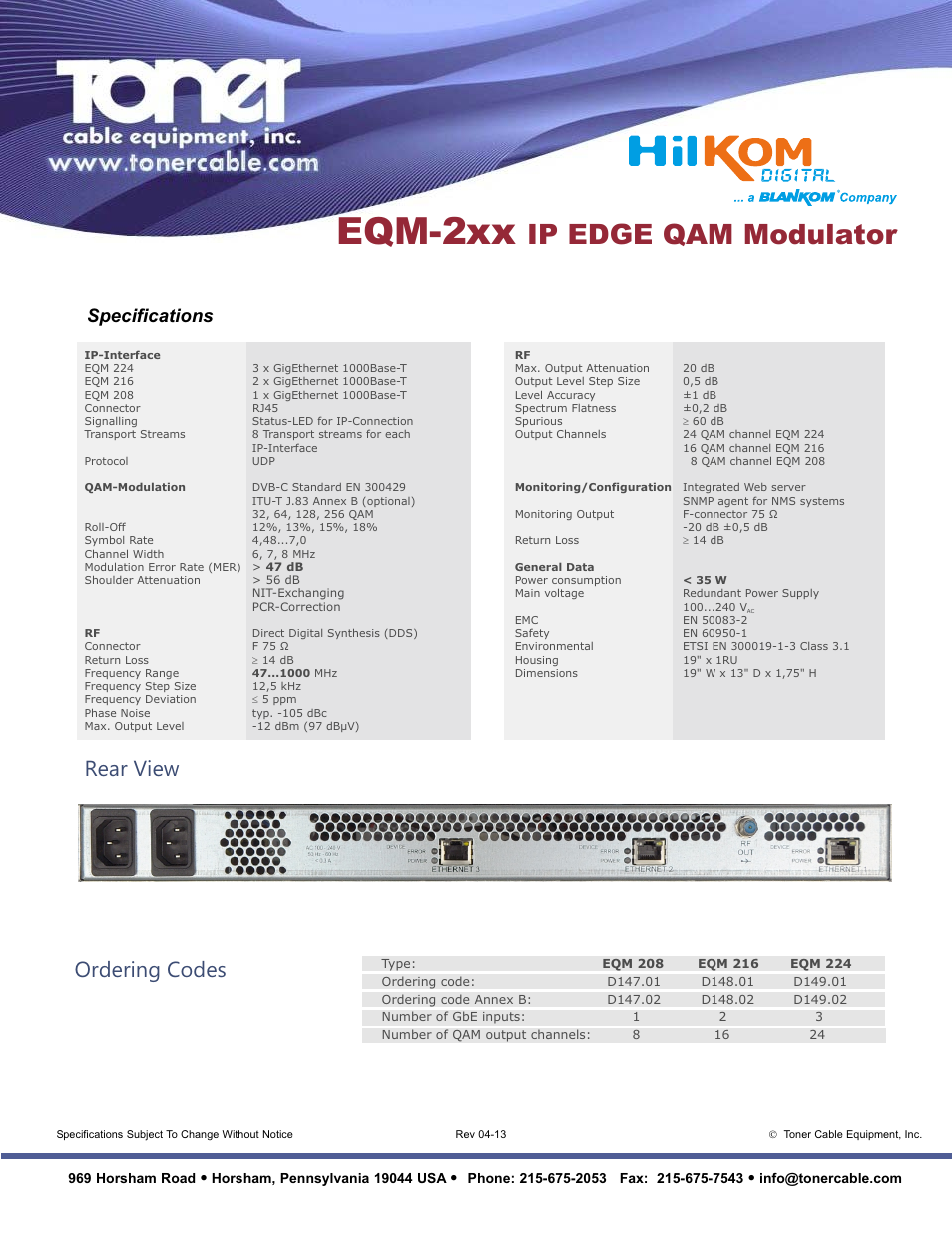 E qm - 2xx, Ip e dge qam modulator, Rear view | Ordering codes, Specifications | Toner Cable EQM 2xx EDGE QAM Modulator User Manual | Page 2 / 2