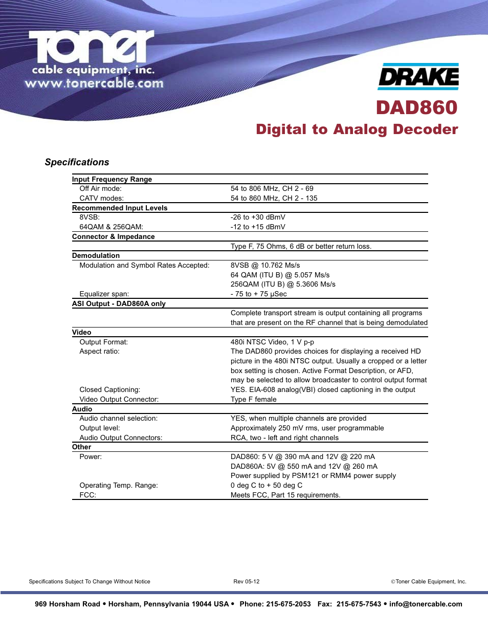 Dad860, Digital to analog decoder, Specifications | Toner Cable DAD860 & DAD860A Digital to Analog Decoder User Manual | Page 2 / 2