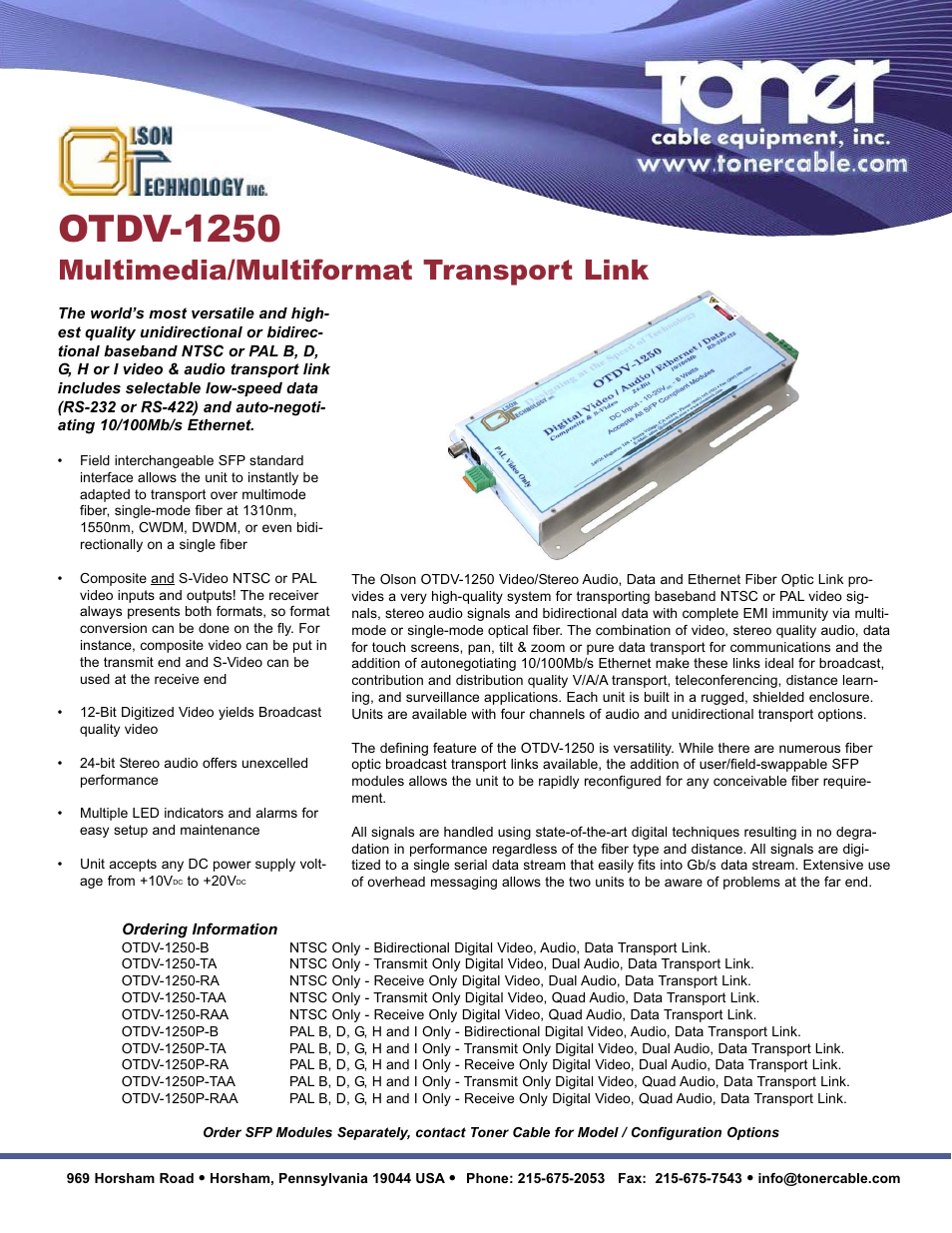 Toner Cable OTDV-1250 Multimedia-Multiformat Transport Link User Manual | 2 pages