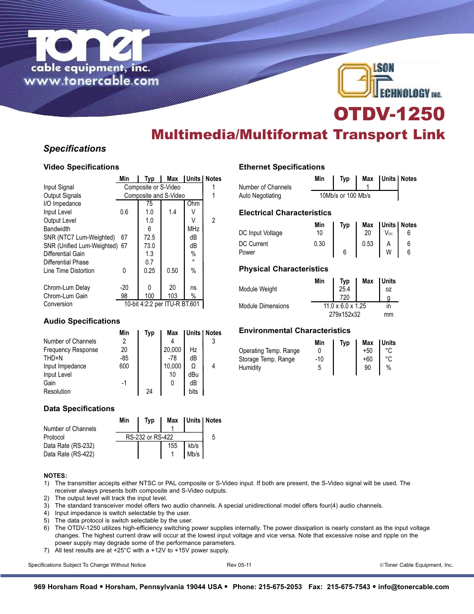 Otdv-1250, Multimedia/multiformat transport link, Specifications | Toner Cable OTDV-1250 Multimedia-Multiformat Transport Link User Manual | Page 2 / 2