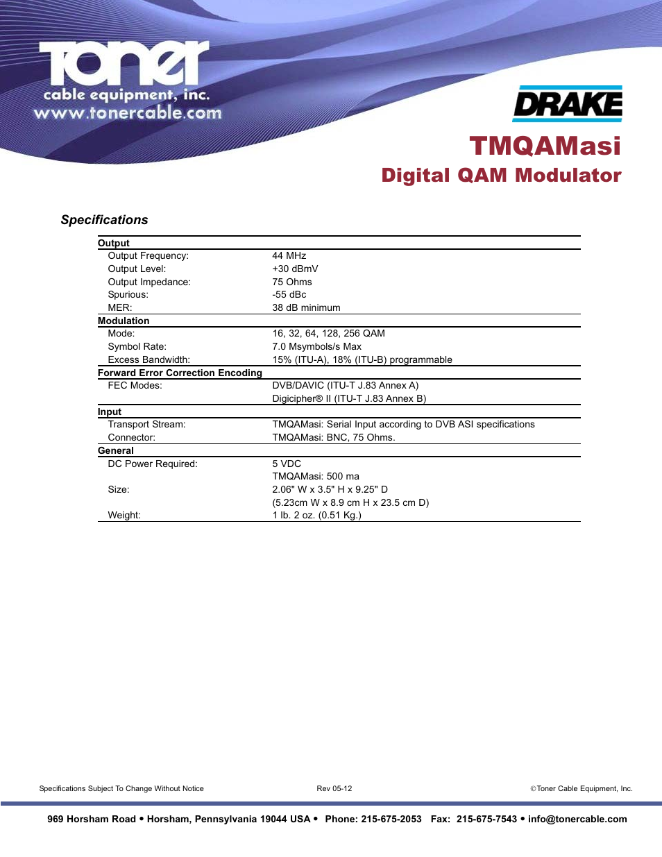 Tmqamasi, Digital qam modulator, Specifications | Toner Cable TMQAMasi Digital QAM Modulator User Manual | Page 2 / 2