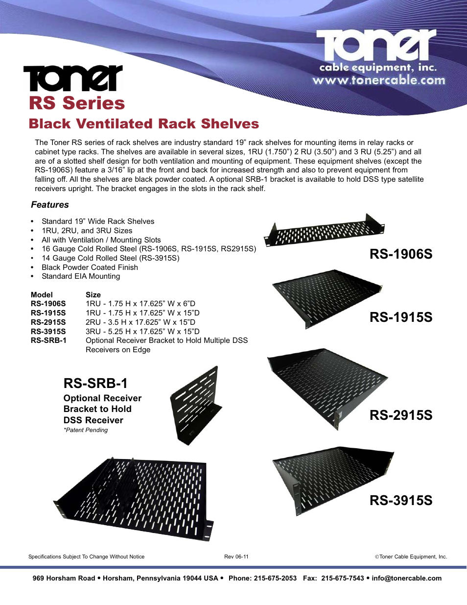 Toner Cable RS-1906S 1RU 6" Deep Ventilated Rack Shelf User Manual | 1 page