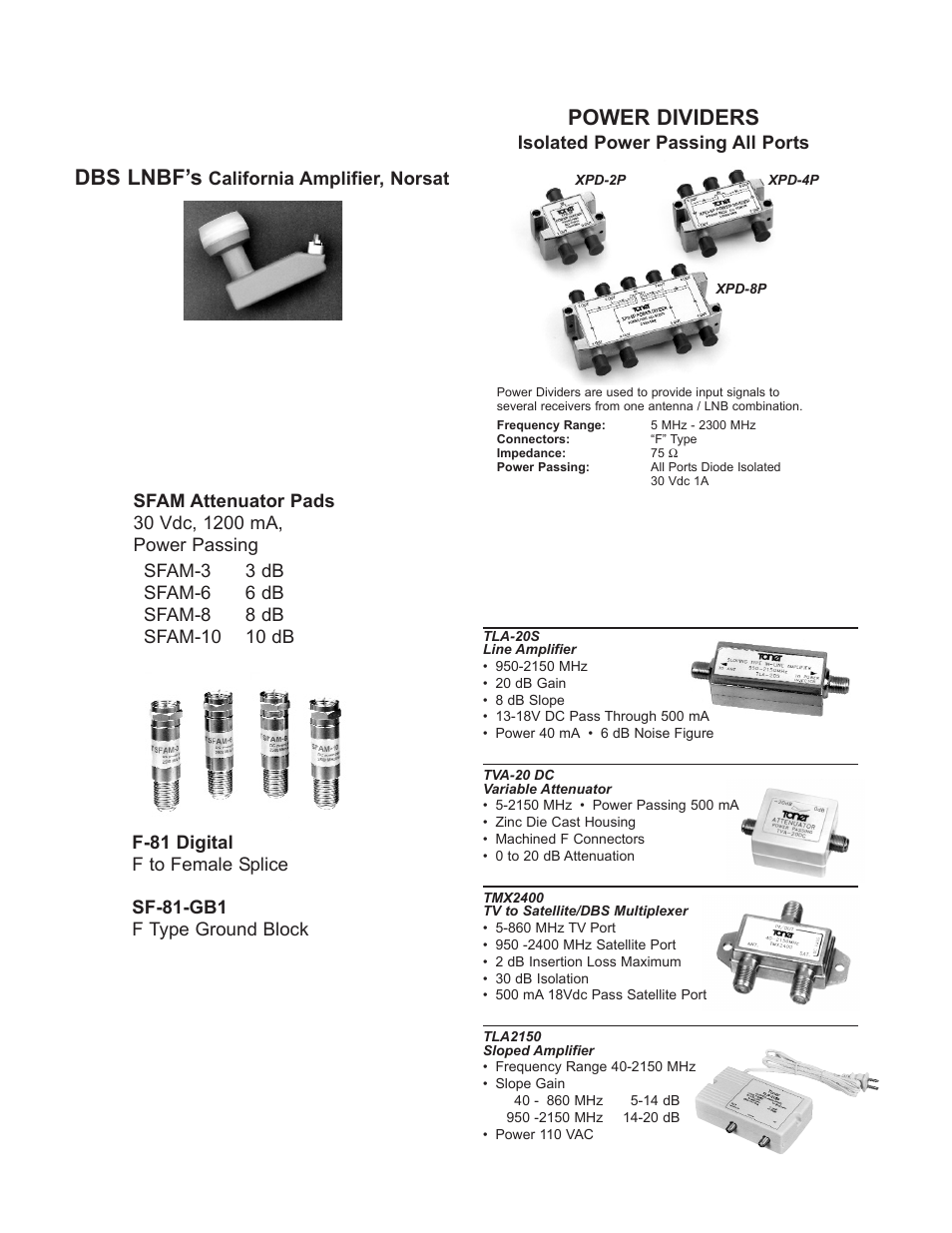 Power dividers, Dbs lnbf’s | Toner Cable TMS8-2150 3x8 Satellite Multiswitch User Manual | Page 2 / 4