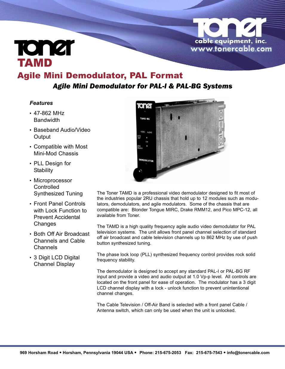 Toner Cable TAMD Agile Demodulator, PAL Format User Manual | 2 pages