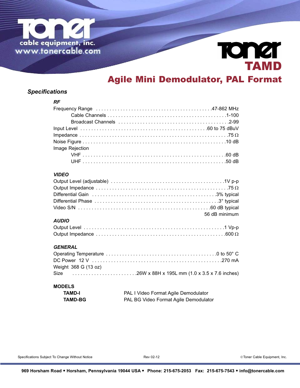 Tamd, Agile mini demodulator, pal format | Toner Cable TAMD Agile Demodulator, PAL Format User Manual | Page 2 / 2