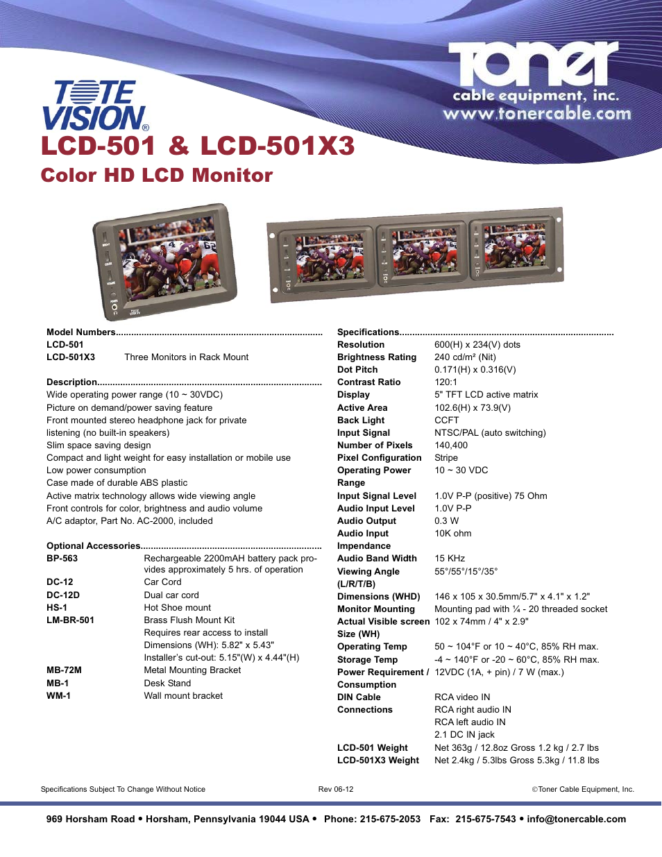 Toner Cable LCD-501X3 Three 5" HD LCD Monitors in Rack Mount User Manual | 1 page
