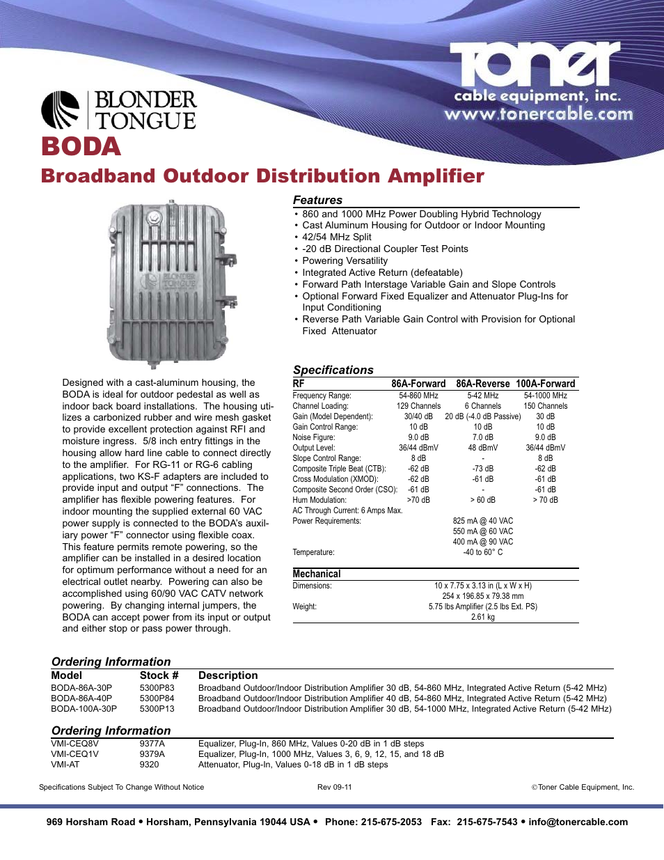 Toner Cable BODA Series Broadband Outdoor Distribution Amplifier User Manual | 1 page