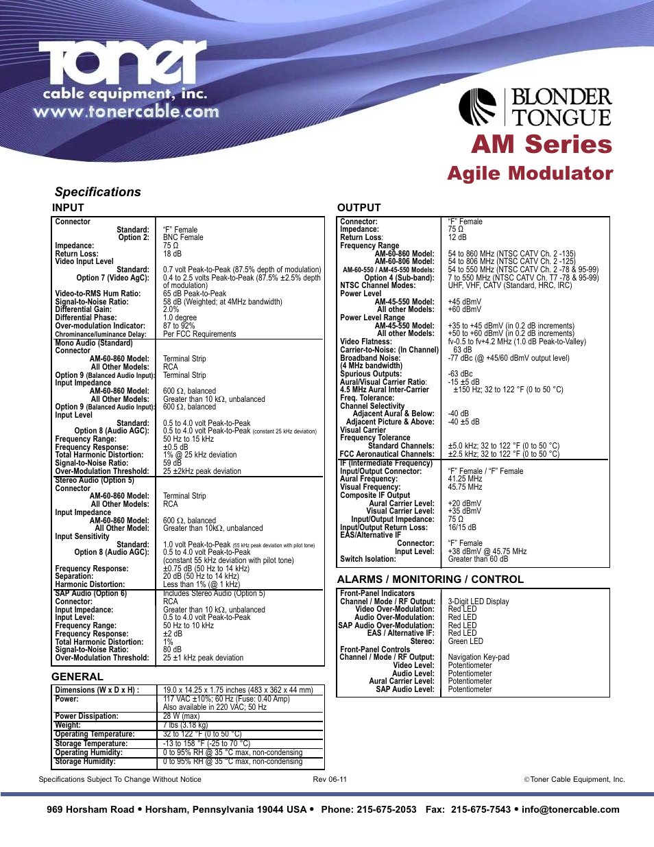 Am series, Agile modulator, Specifications | Toner Cable AM Series Agile Modulators User Manual | Page 2 / 2