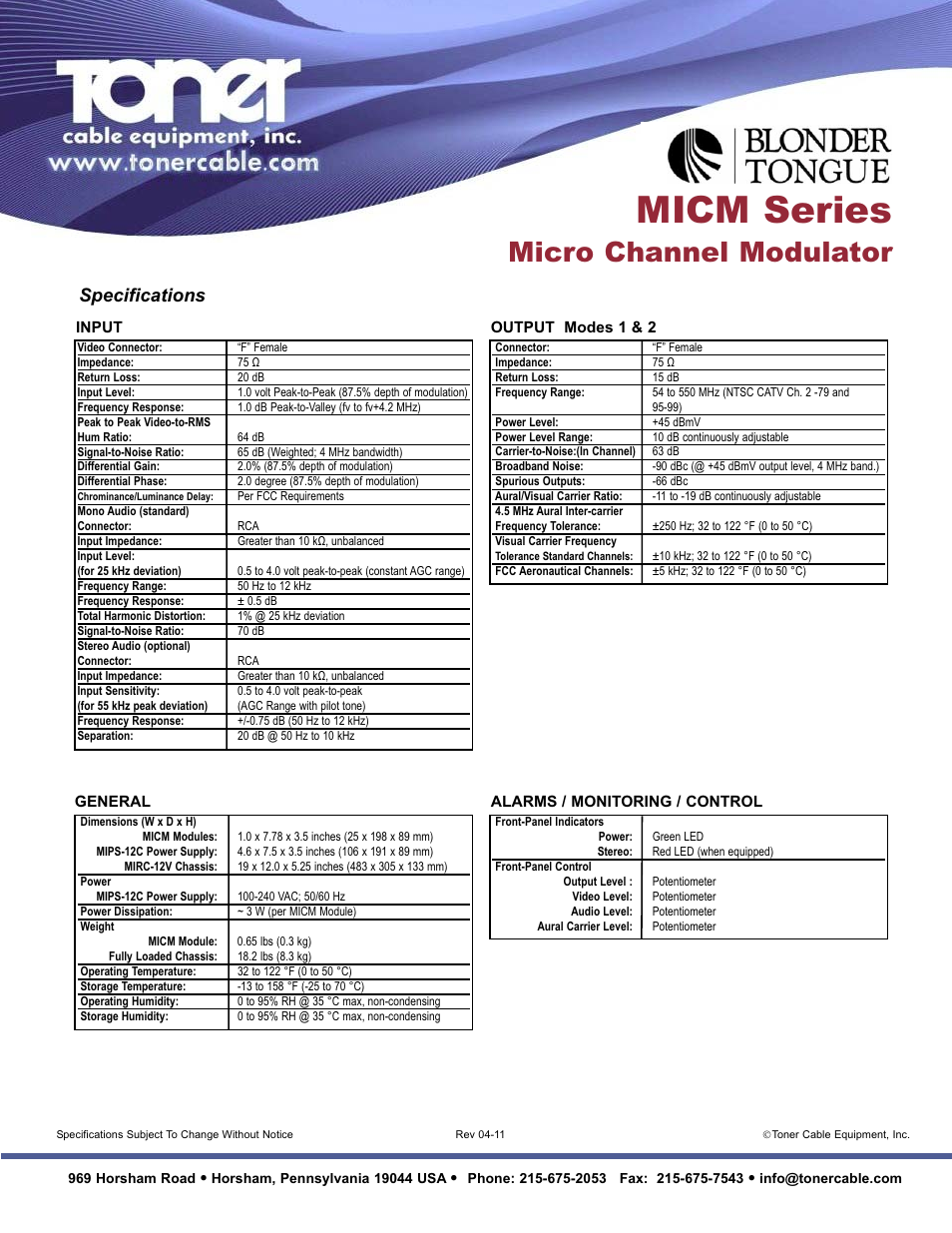Micm series, Micro channel modulator, Specifications | Toner Cable MICM-45D Channelized Modulator User Manual | Page 2 / 2