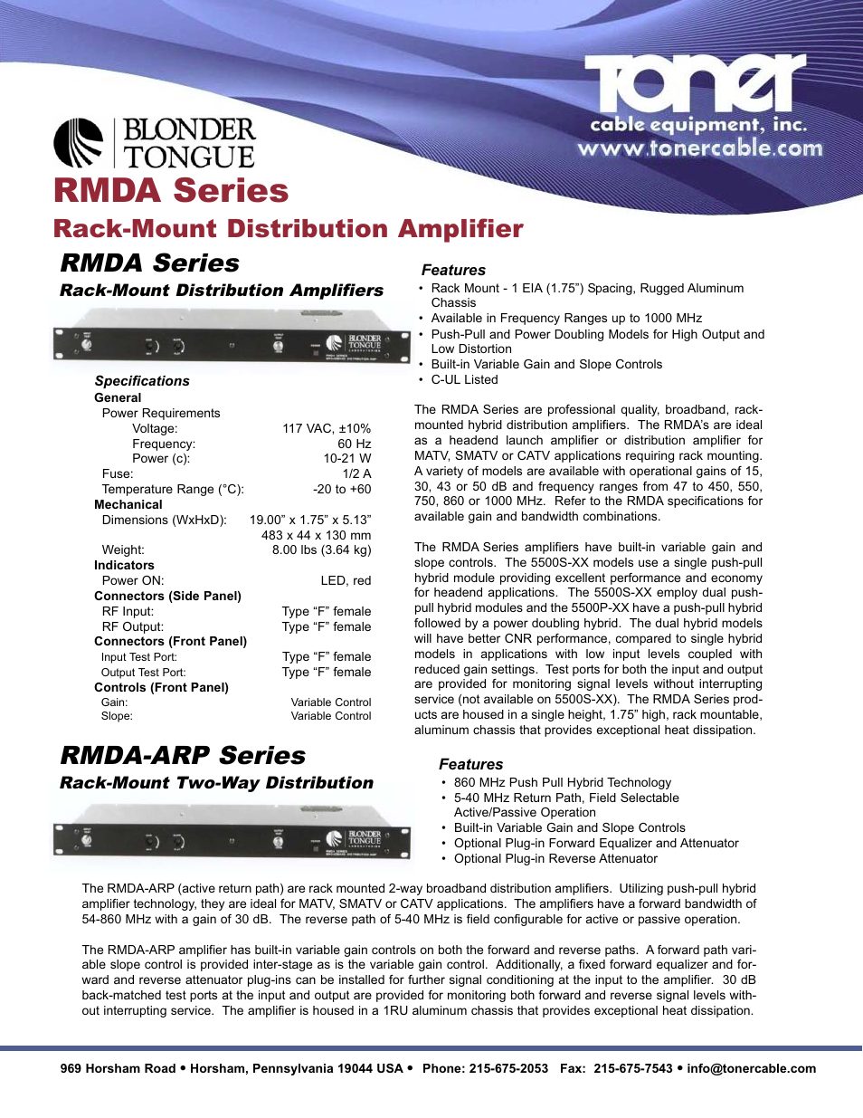 Toner Cable RMDA Series - Rack Mounted Distribution Amplifiers User Manual | 2 pages