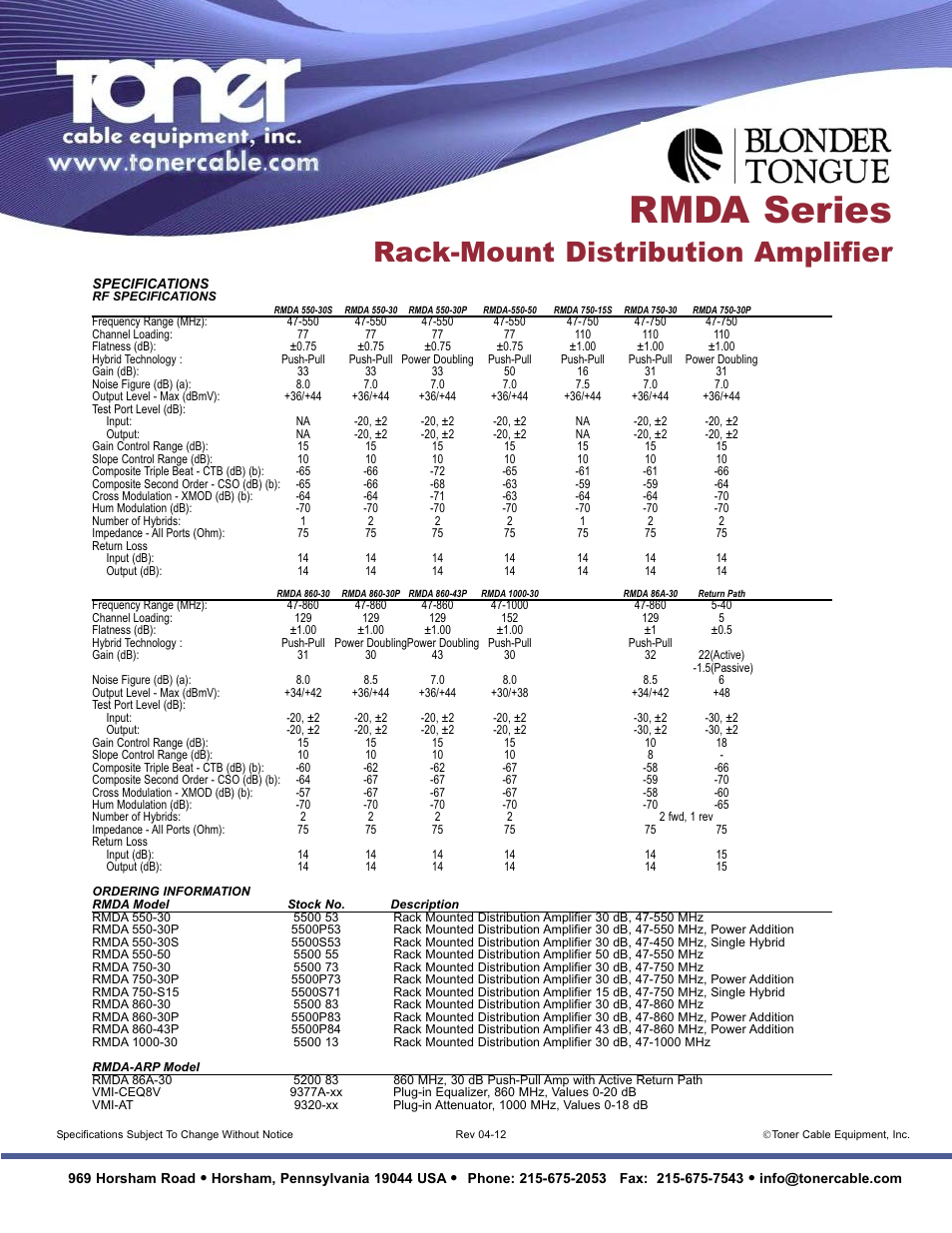Rmda series, Rack-mount distribution amplifier | Toner Cable RMDA Series - Rack Mounted Distribution Amplifiers User Manual | Page 2 / 2