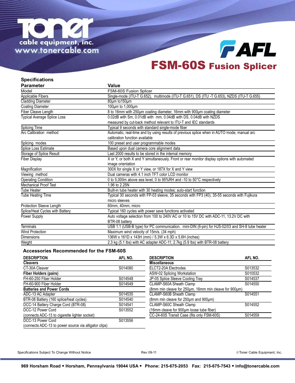 Fsm-60s, Fusion splicer | Toner Cable FSM-60S Fusion Splicer User Manual | Page 2 / 2