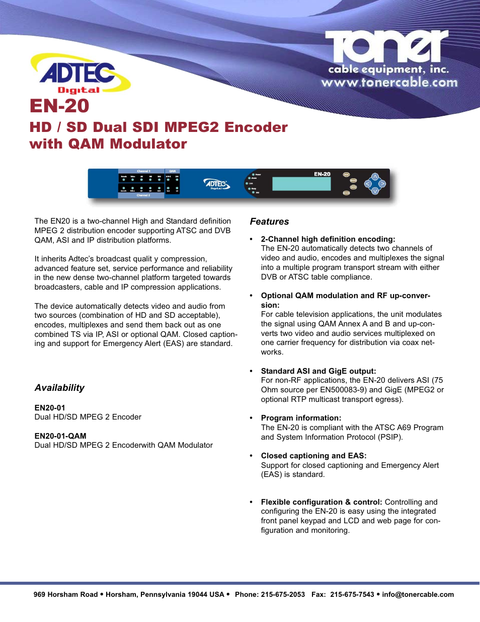Toner Cable EN-20 HD_SD Dual SDI MPEG2 Encoder with QAM Modulator User Manual | 2 pages