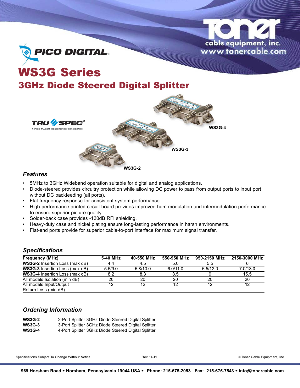 Toner Cable WS3G Series 3GHz Diode Steered Digital Splitter User Manual | 1 page