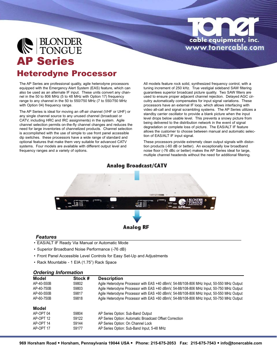 Toner Cable AP Series Agile Heterodyne Processors User Manual | 2 pages