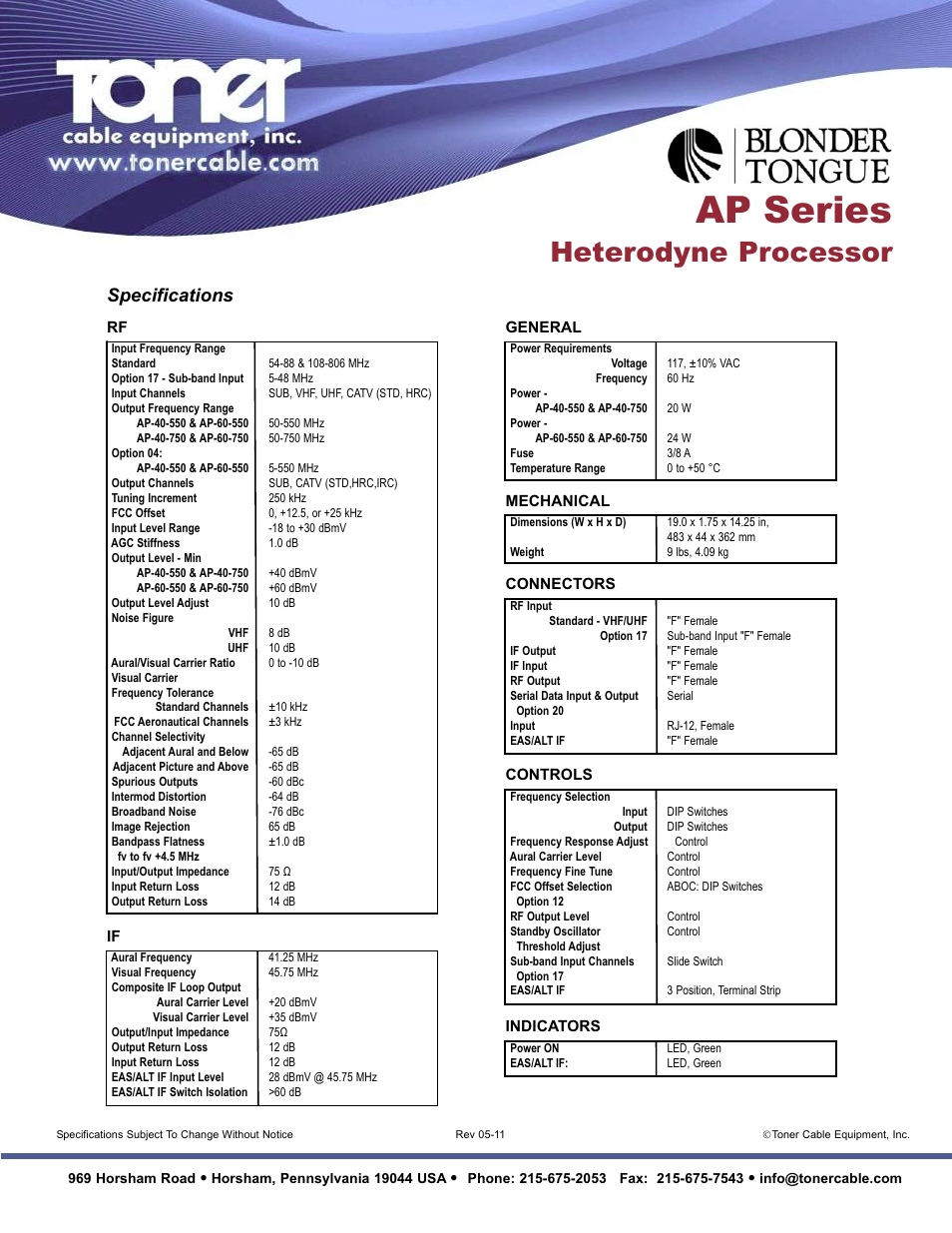 Ap series, Heterodyne processor, Specifications | Toner Cable AP Series Agile Heterodyne Processors User Manual | Page 2 / 2