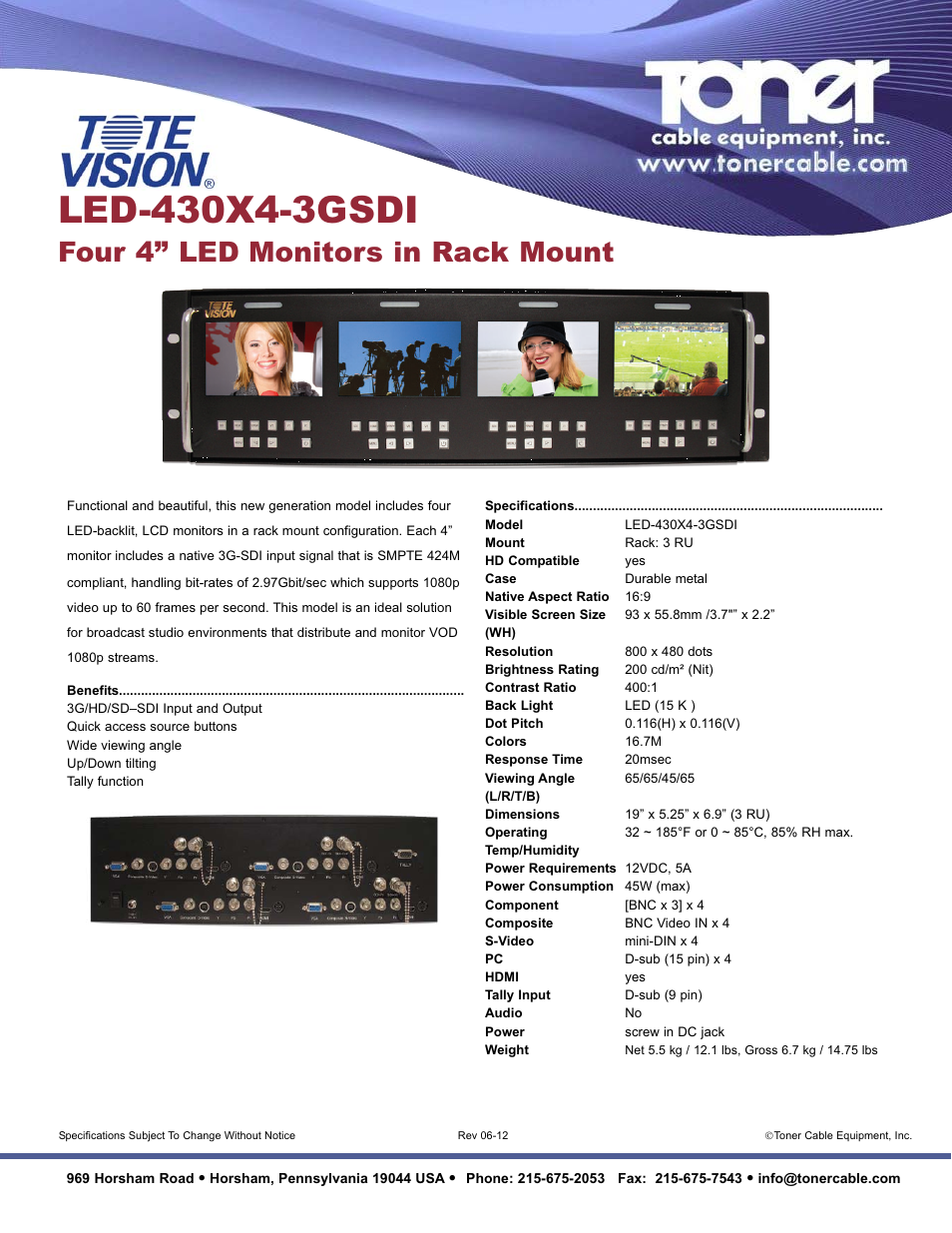 Toner Cable LED-430X4-3GSDI Four 4" LED Monitors in Rack Mount User Manual | 1 page