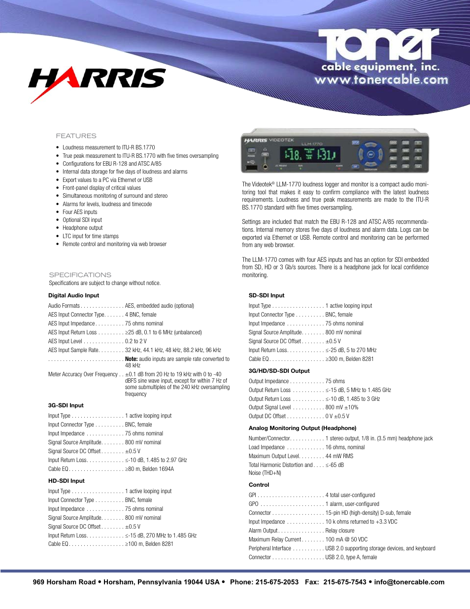 Toner Cable LLM-1770 Loudness Loggers User Manual | 2 pages