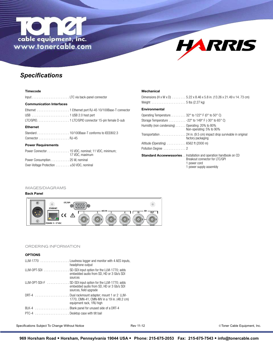 Rxgqhvv/rjjhuv, Specifications | Toner Cable LLM-1770 Loudness Loggers User Manual | Page 2 / 2