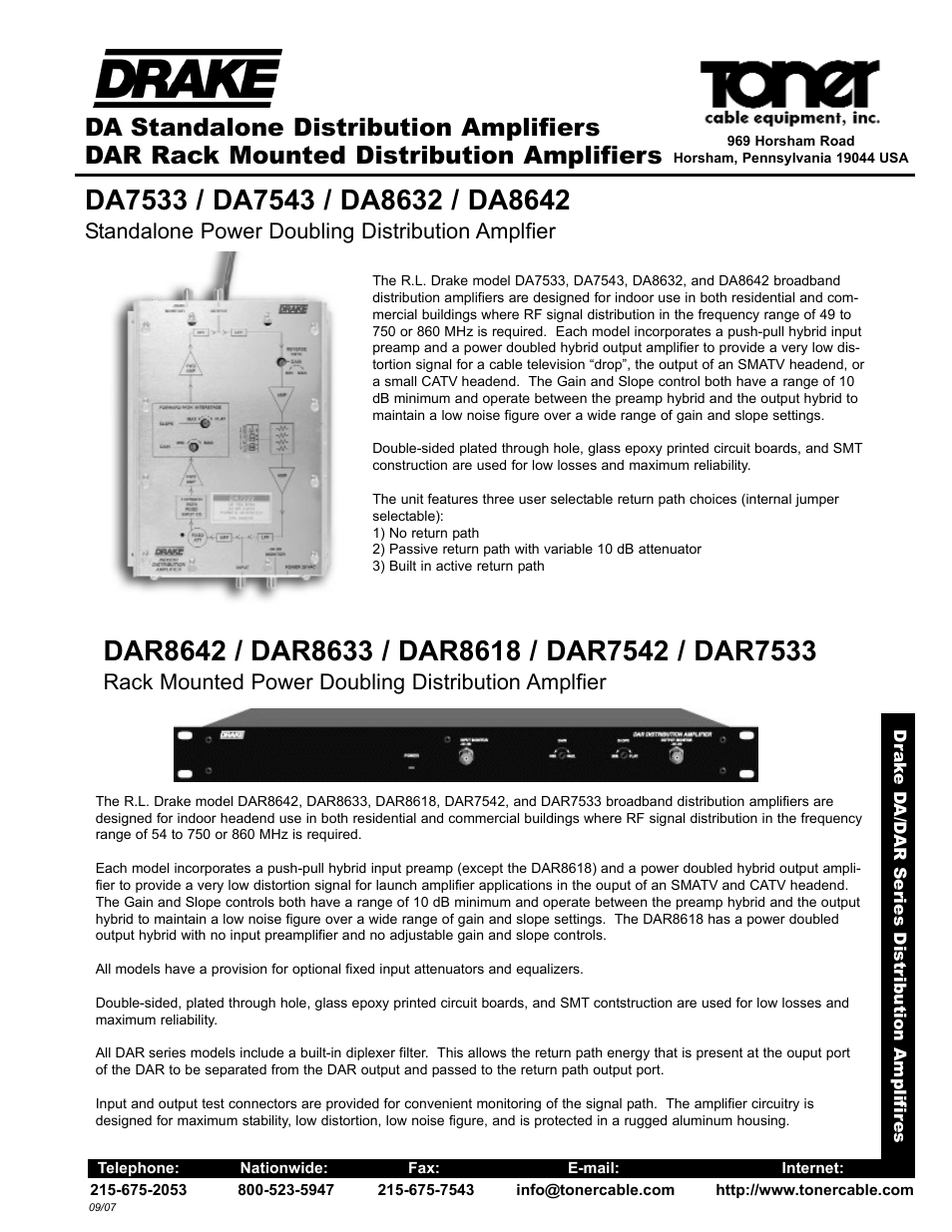 Toner Cable DA Series Distribution Amplifiers User Manual | 2 pages