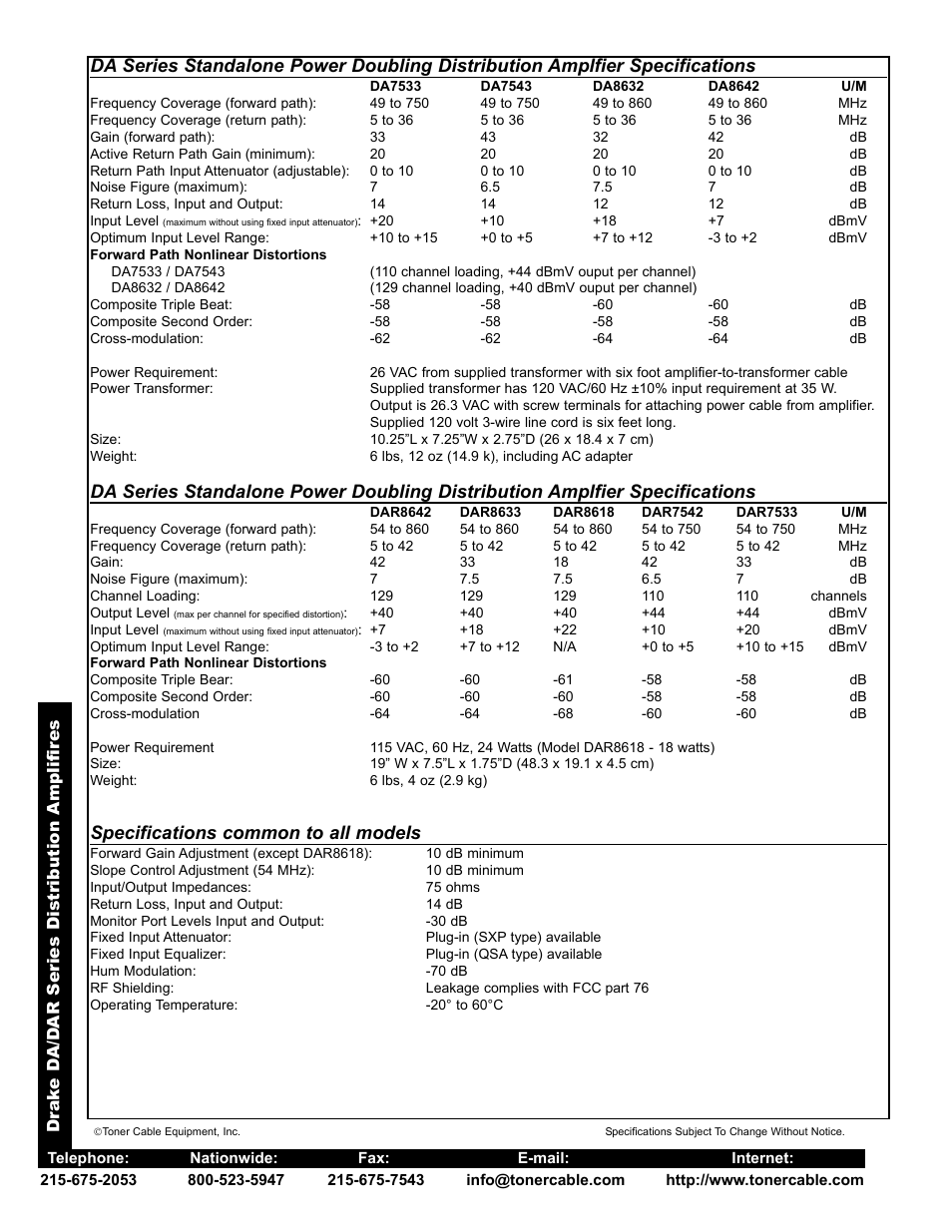 Specifications common to all models | Toner Cable DA Series Distribution Amplifiers User Manual | Page 2 / 2