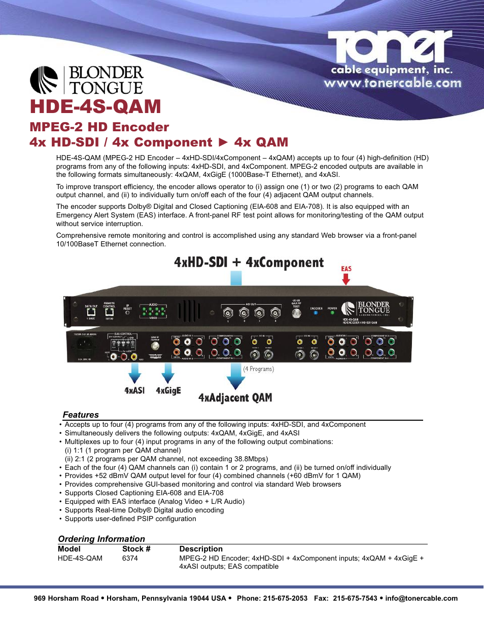 Toner Cable HDE-4S-QAM MPEG-2 HD Encoder 4x HD-SDI _ 4x Component - 4x QAM User Manual | 2 pages