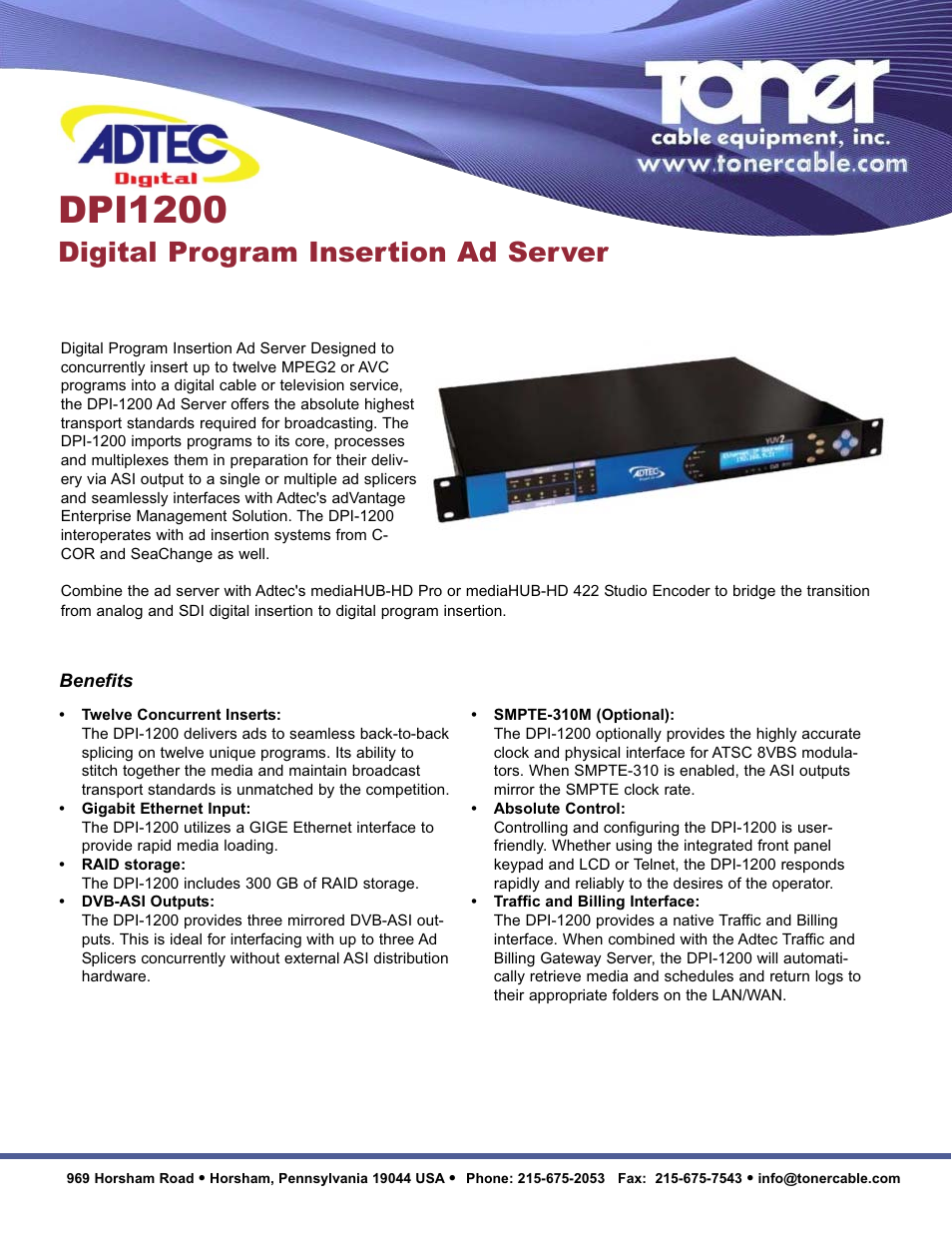 Toner Cable DPI1200 Digital Program Insertion Ad Server User Manual | 2 pages