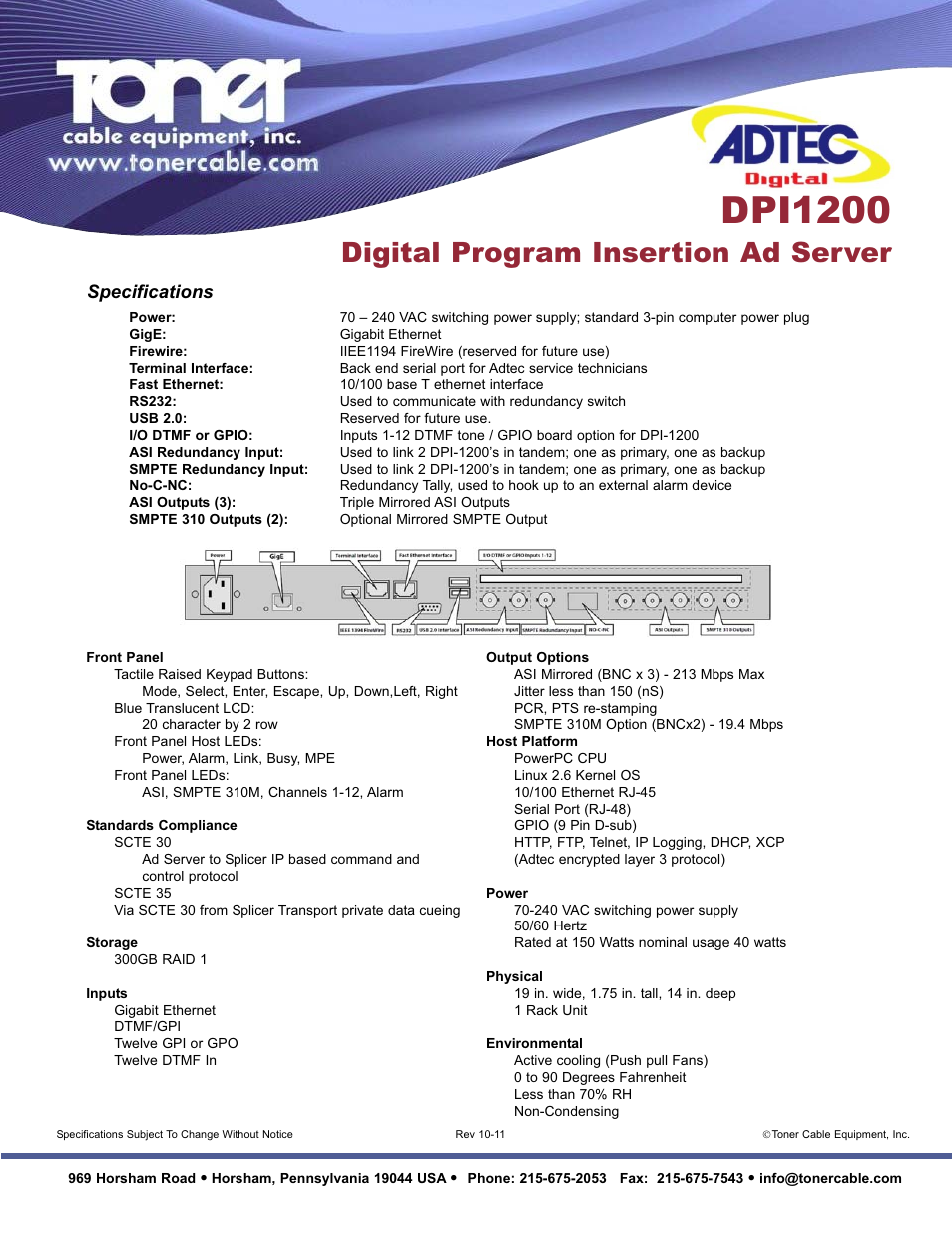 Dpi1200, Digital program insertion ad server, Specifications | Toner Cable DPI1200 Digital Program Insertion Ad Server User Manual | Page 2 / 2