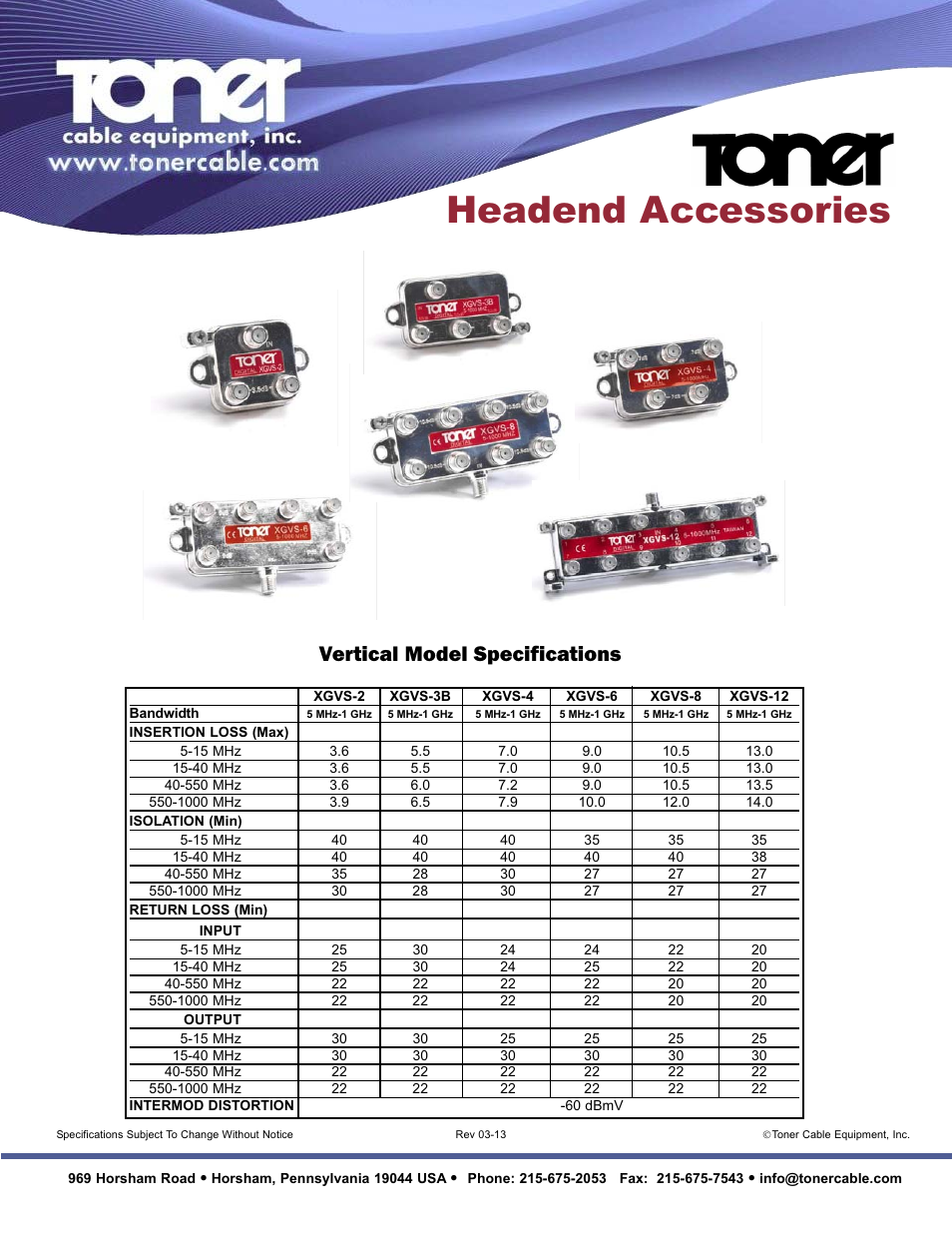 Headend accessories, Vertical model specifications | Toner Cable XGHS-2M 1 GHz 2 Way Digital Mini Drop Splitter User Manual | Page 2 / 2