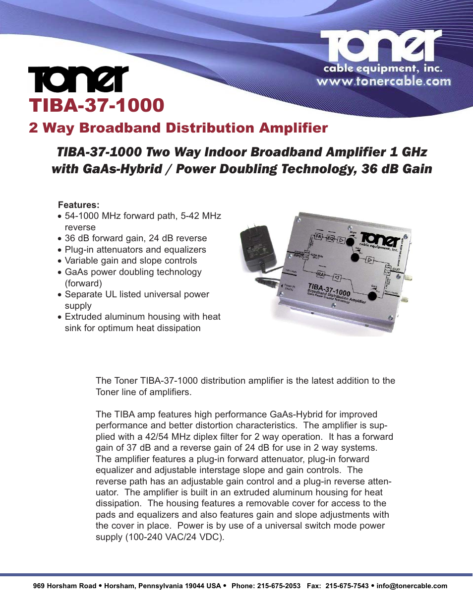 Toner Cable TIBA-37-1000 2 Way Broadband Distribution Amplifier User Manual | 2 pages