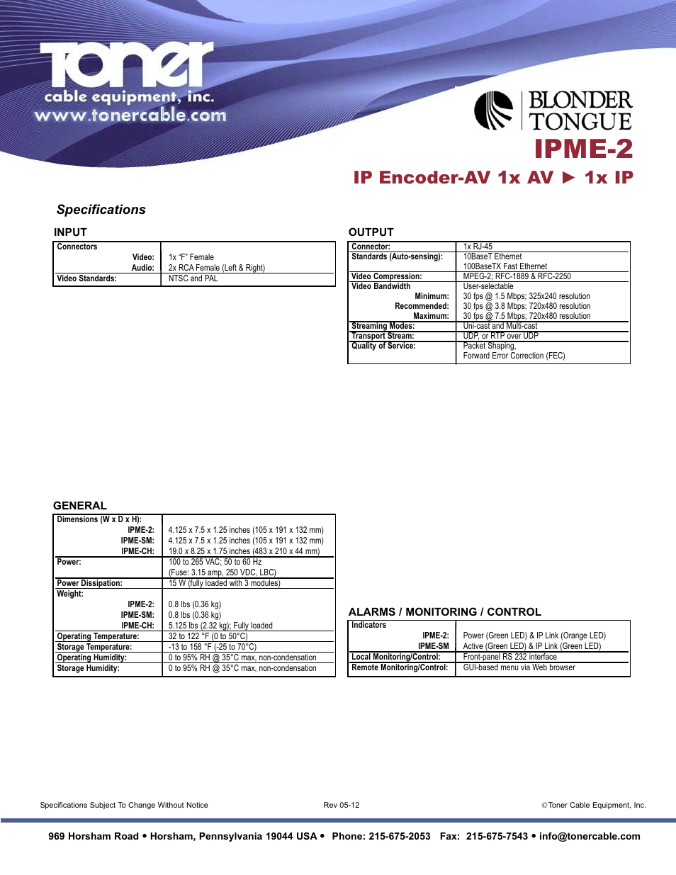 Ipme-2, Ip encoder-av 1x av ► 1x ip, Specifications | Toner Cable IPME IPTV Ethernet Television Encoder User Manual | Page 2 / 2