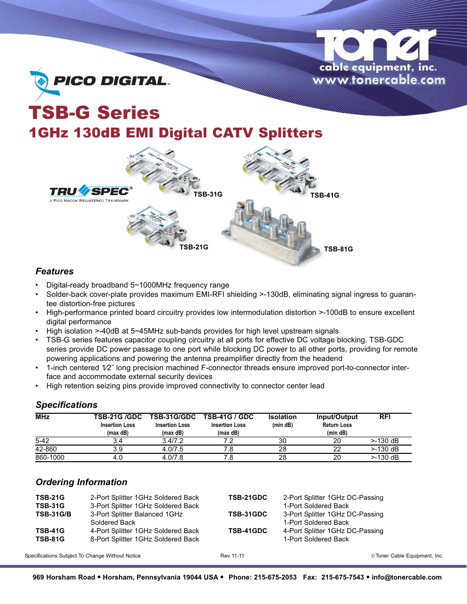 Toner Cable TSB-G Series 1GHz 130dB EMI Digital CATV Splitters User Manual | 1 page