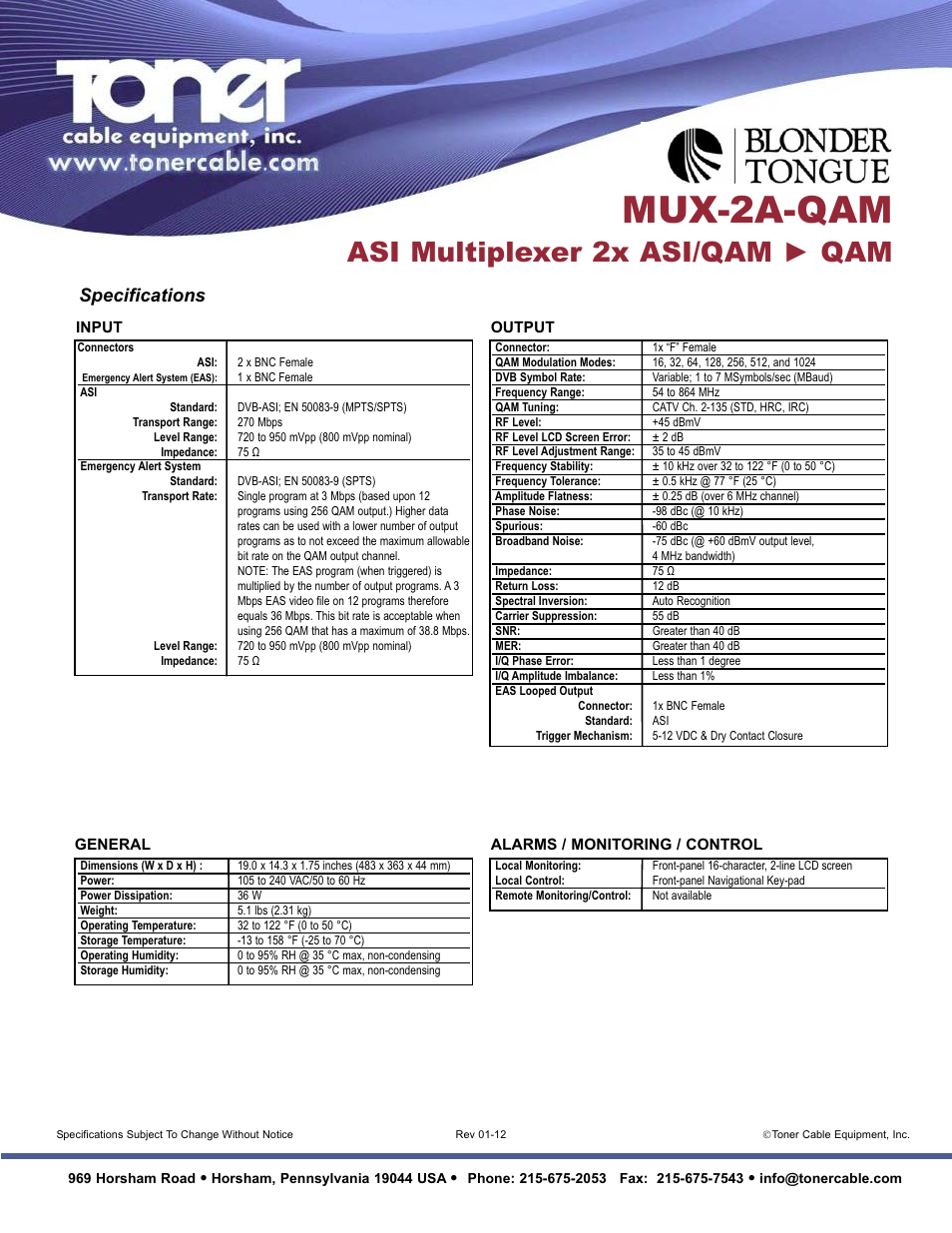 Mux-2a-qam, Asi multiplexer 2x asi/qam ► qam, Specifications | Toner Cable MUX-2A-QAM ASI Multiplexer 2x ASI_QAM - QAM User Manual | Page 2 / 2