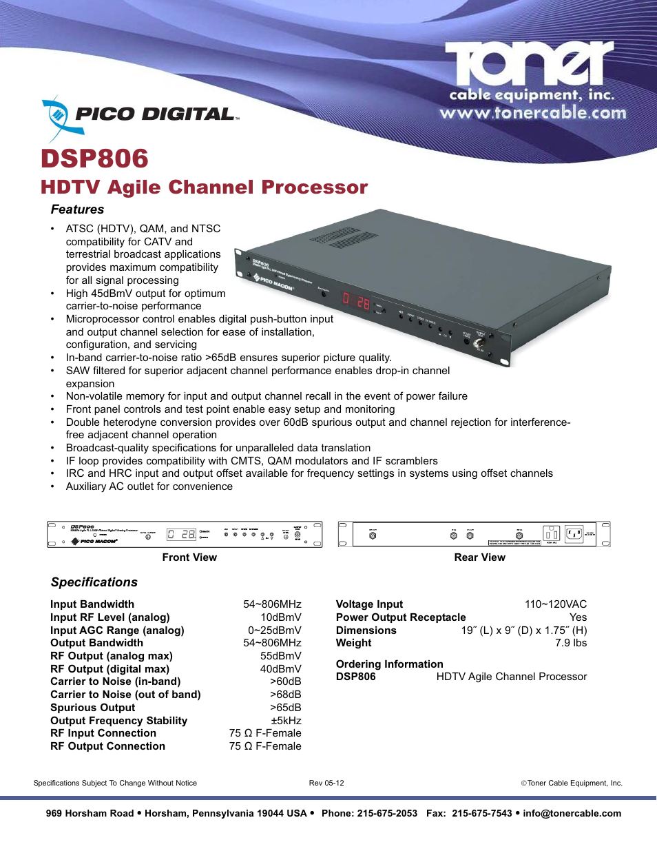 Toner Cable DSP806 806 MHz Agile PLL SAW-Filtered Digital Analog Channel Processor User Manual | 1 page