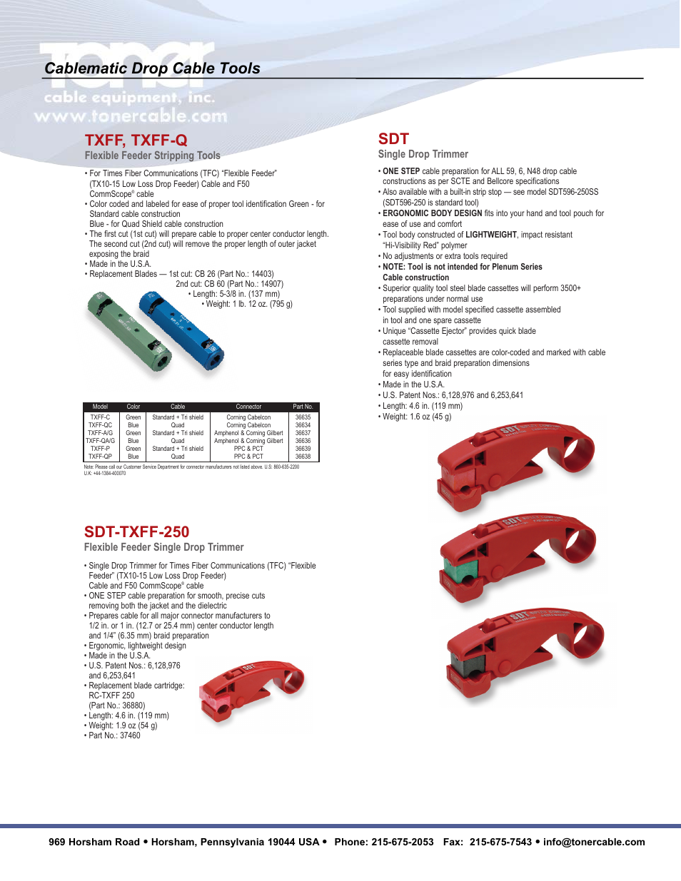 Cablematic drop cable tools sdt-txff-250, Txff, txff-q, Flexible feeder single drop trimmer | Flexible feeder stripping tools, Single drop trimmer | Toner Cable CT2-AS Connector Compression Assembly Tool User Manual | Page 2 / 5