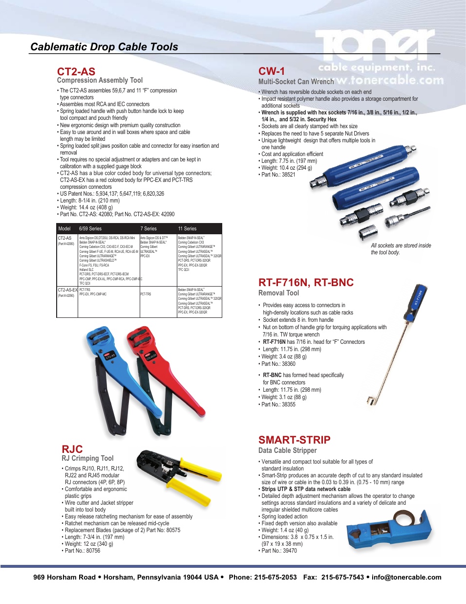 Cablematic drop cable tools ct2-as, Cw-1, Smart-strip | Rt-f716n, rt-bnc, Compression assembly tool, Multi-socket can wrench, Data cable stripper, Rj crimping tool, Removal tool | Toner Cable CT2-AS Connector Compression Assembly Tool User Manual | Page 3 / 5