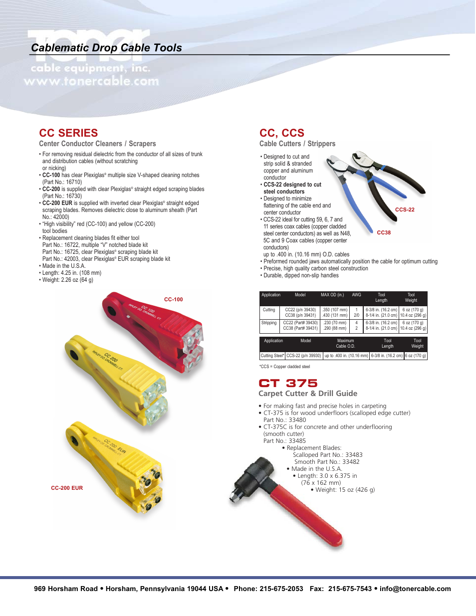 Cablematic drop cable tools cc, ccs, Cc series, Ct 375 | Cable cutters / strippers, Center conductor cleaners / scrapers, Carpet cutter & drill guide | Toner Cable CT2-AS Connector Compression Assembly Tool User Manual | Page 4 / 5
