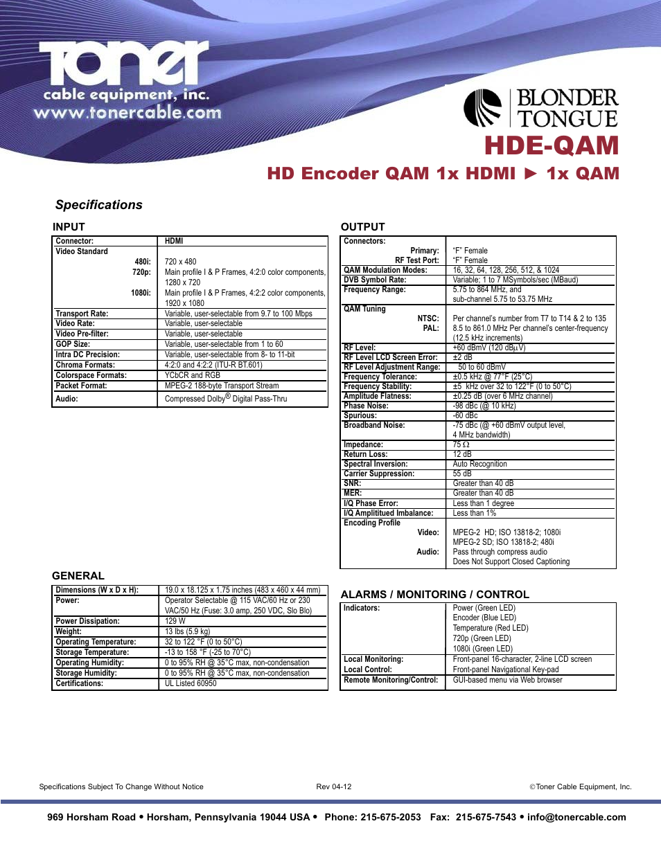 Hde-qam, Hd encoder qam 1x hdmi ► 1x qam, Specifications | Toner Cable HDE-QAM HDMI-to-QAM Encoder User Manual | Page 2 / 2