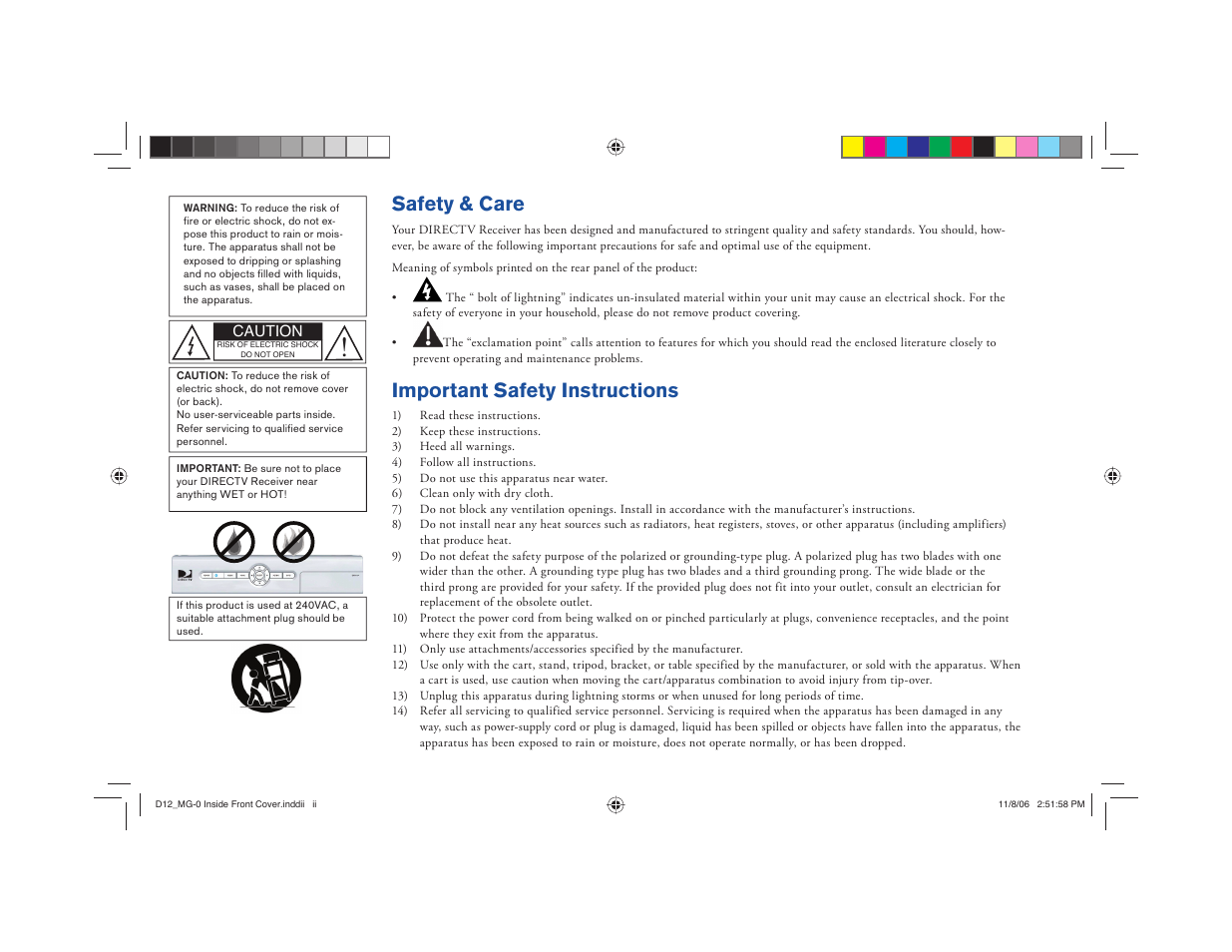061108 d12_mg-0 inside front cover.pdf, Safety & care, Important safety instructions | Toner Cable D12 Digital Satellite Receiver User Manual | Page 2 / 81