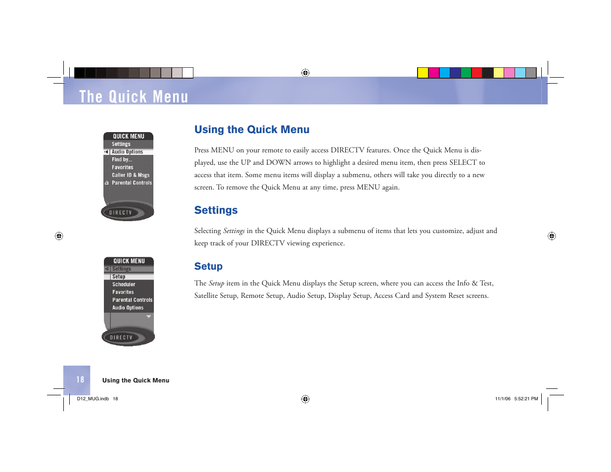 The quick menu, Using the quick menu, Settings | Toner Cable D12 Digital Satellite Receiver User Manual | Page 26 / 81