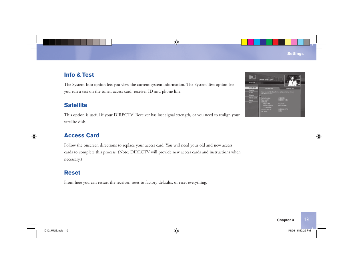 Info & test, Satellite, Access card | Reset | Toner Cable D12 Digital Satellite Receiver User Manual | Page 27 / 81