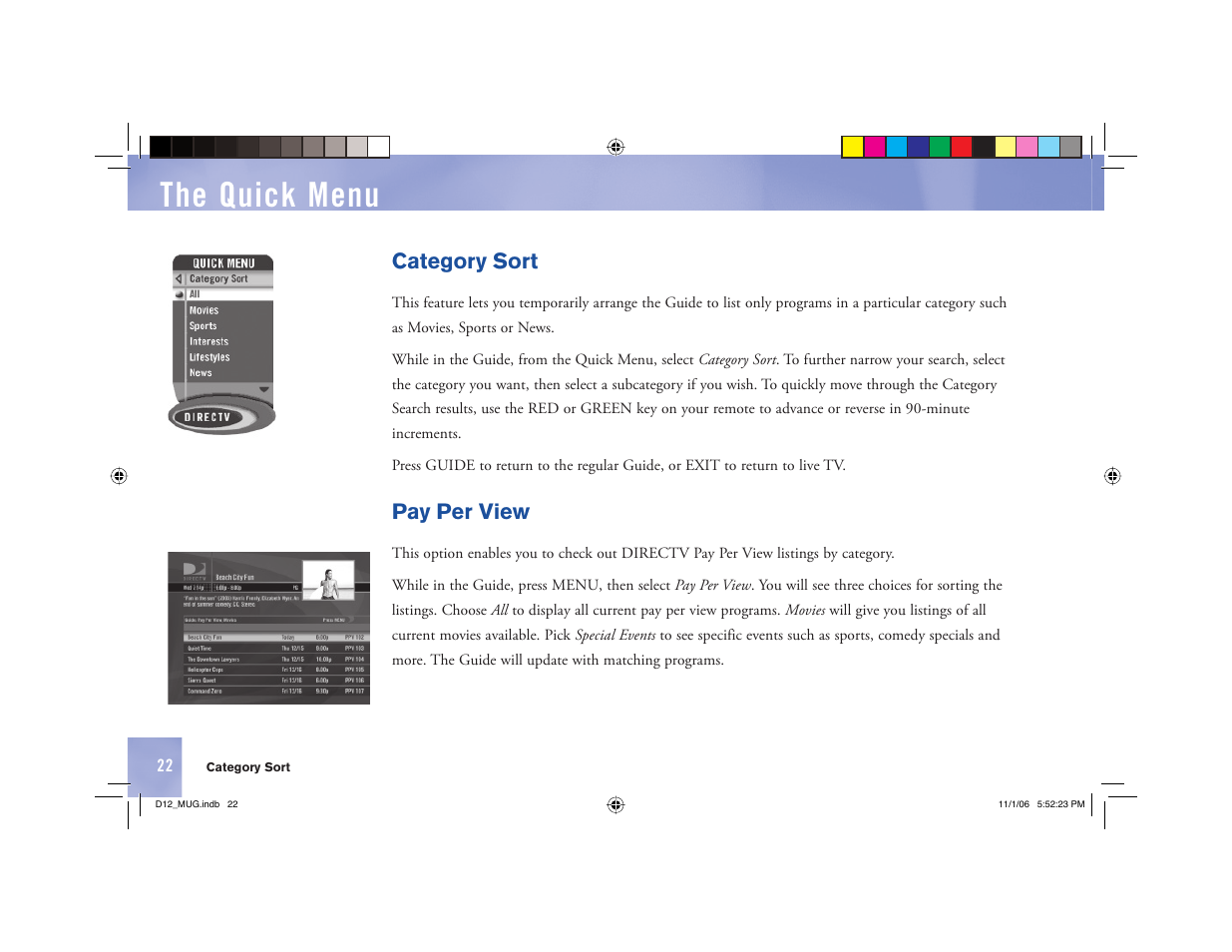 The quick menu, Category sort, Pay per view | Toner Cable D12 Digital Satellite Receiver User Manual | Page 30 / 81