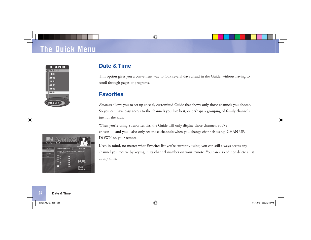 The quick menu, Date & time, Favorites | Toner Cable D12 Digital Satellite Receiver User Manual | Page 32 / 81